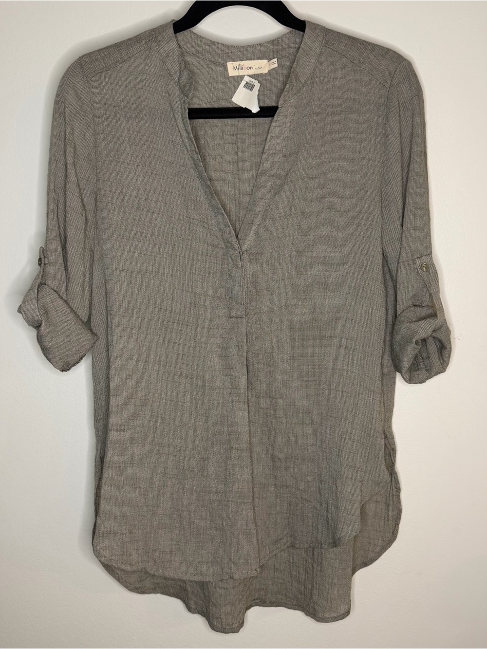 Millibon Light Grey Split V-Neck Roll-Sleeve Tunic